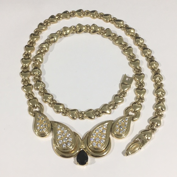 14k Yellow Gold Heart ❤️ Link Necklace W/Cz Stones - Picture 2 of 6